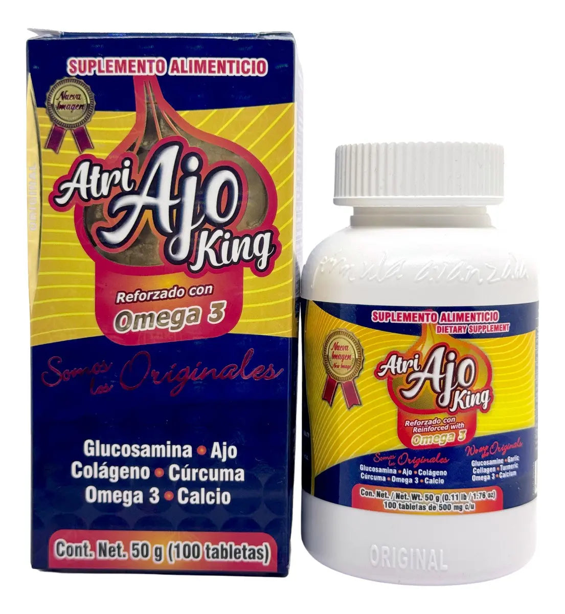 Atri Ajo King Omega 3 Glucosamina Ajo Colágeno 100 Tabs Drag Sin Sabor